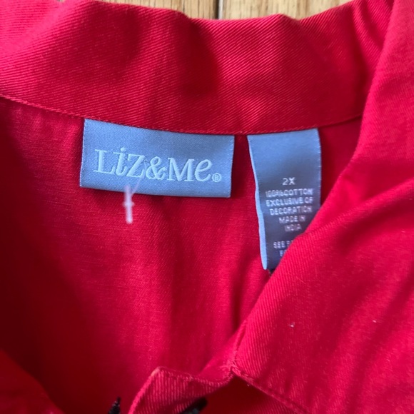 liz and me button blouse women’s Size 2X Red Embroid Beaded Asian Career Floral - Picture 4 of 7